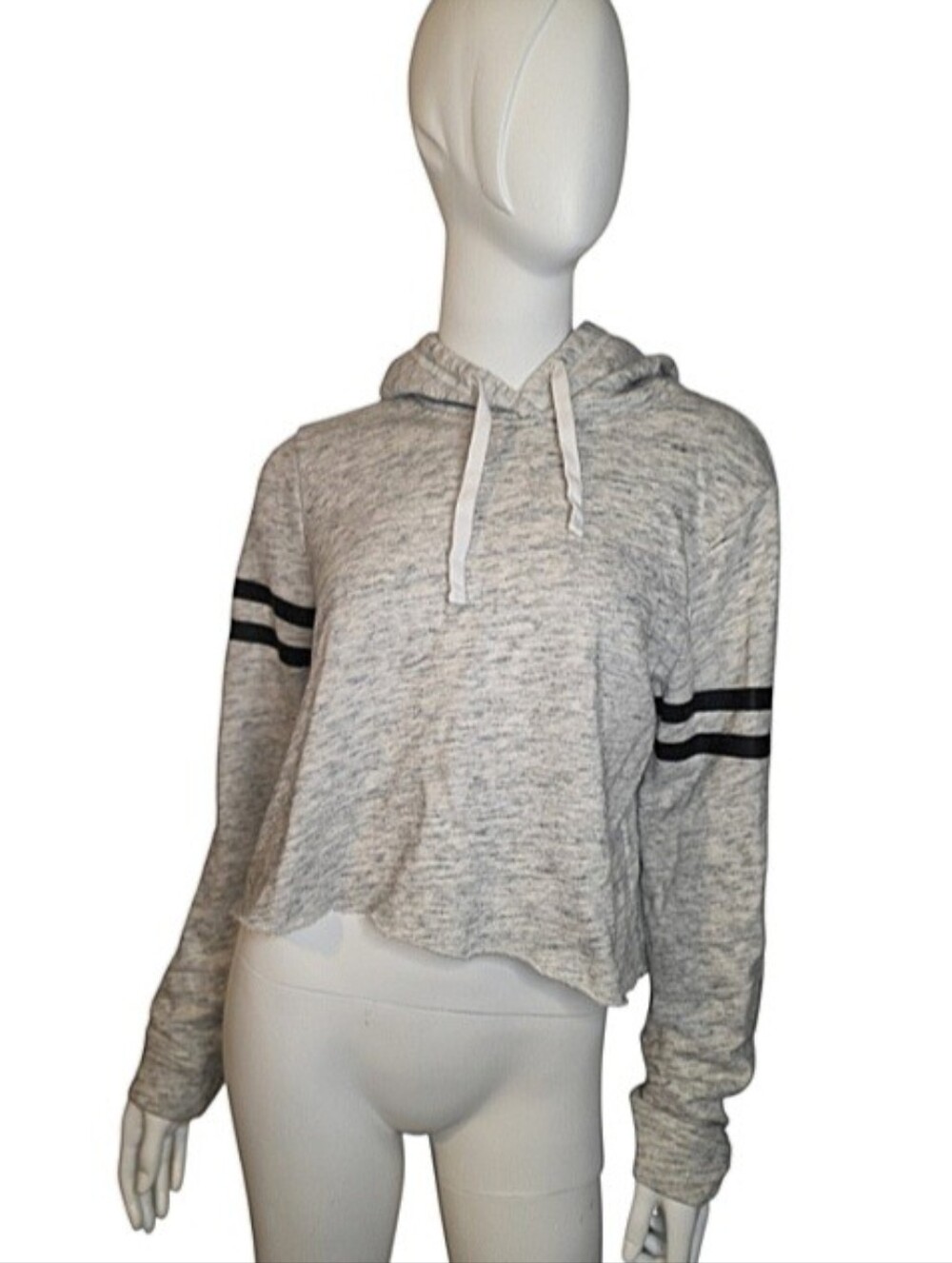 Hollister Gray Cropped Hoodie Shirt Top w/ Black Stripes Size L